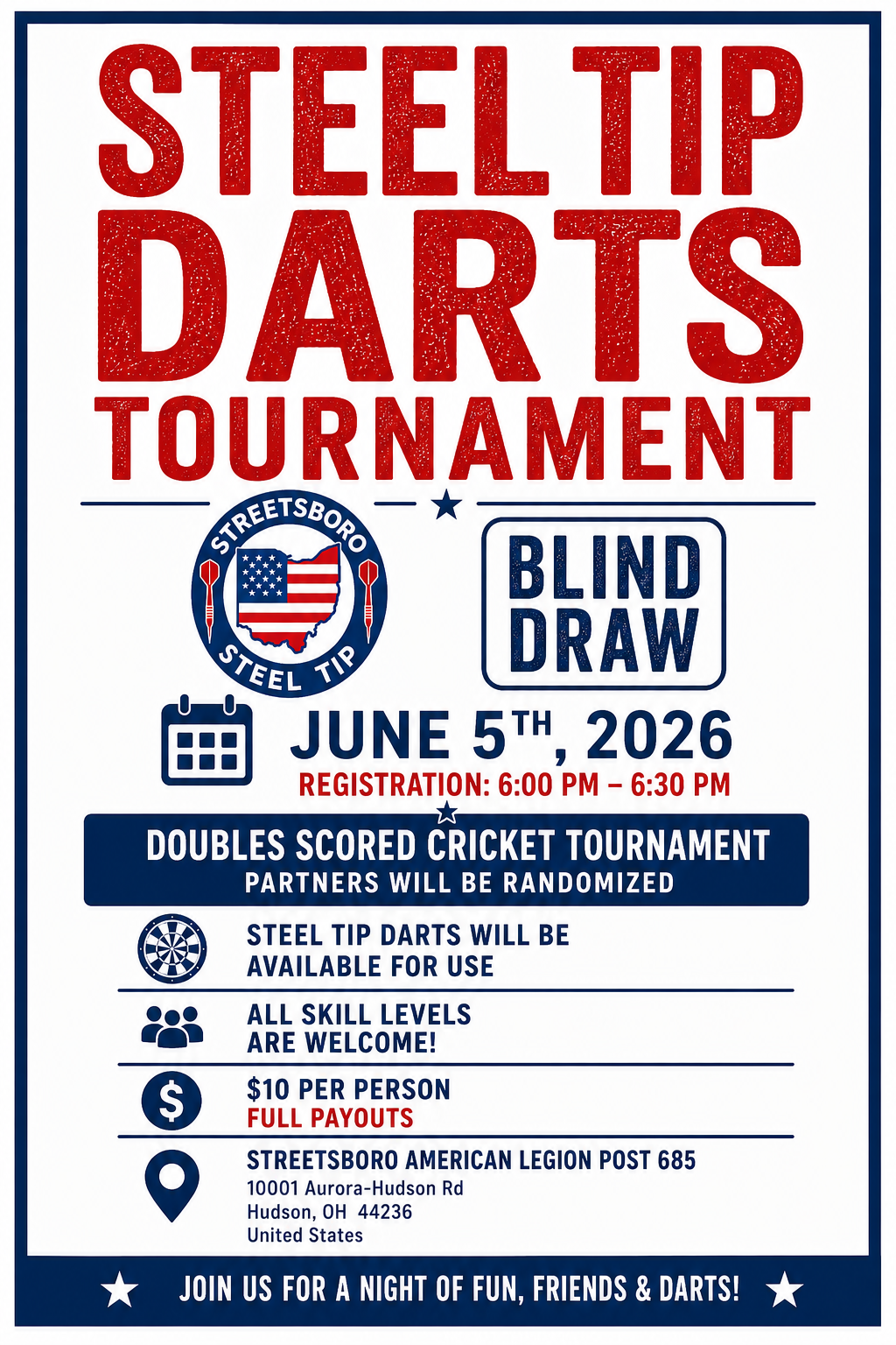 Original Streetsboro Steel Tip blind draw tournament flyer — white event poster for the first blind draw