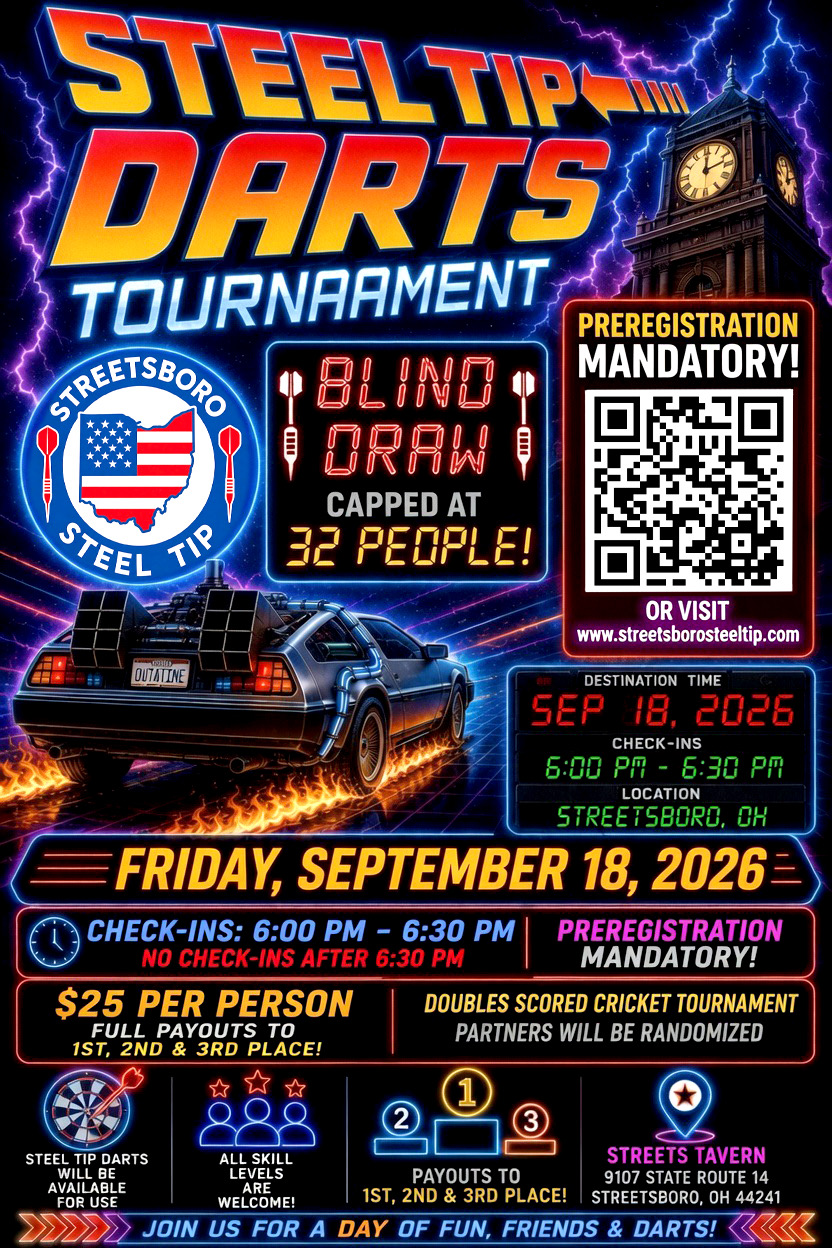 Steel Tip Darts blind draw tournament flyer — Friday, September 18, 2026 at Streets Tavern, check-ins 6:00–6:30 PM