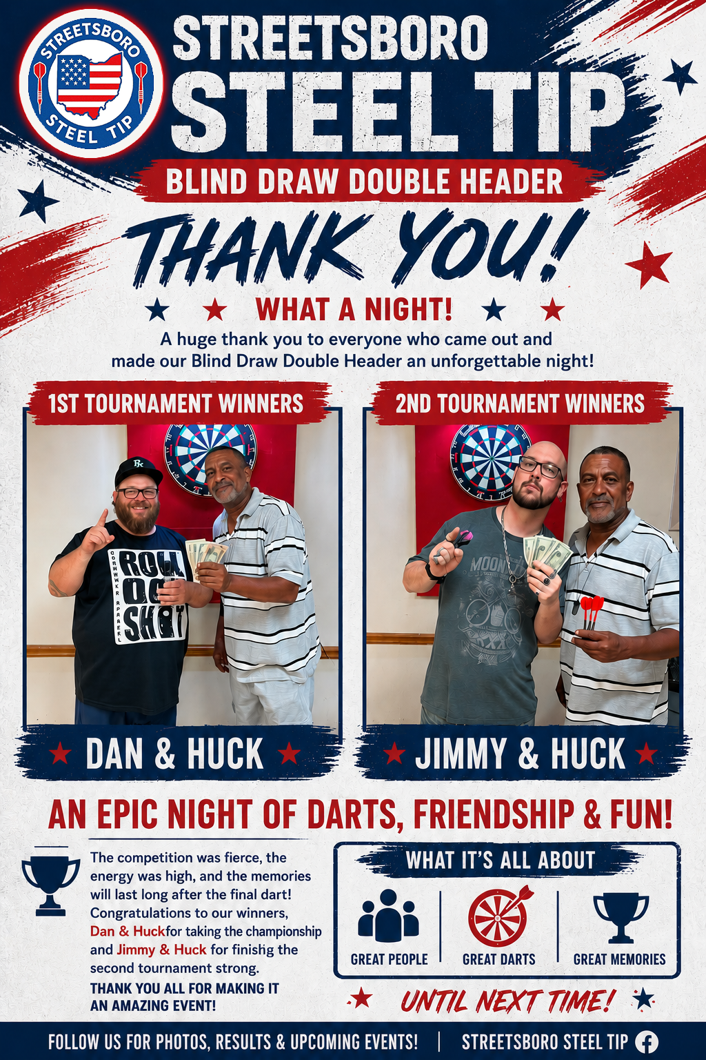 Blind Draw Double Header Thank You flyer — Dan & Huck and Jimmy & Huck winners
