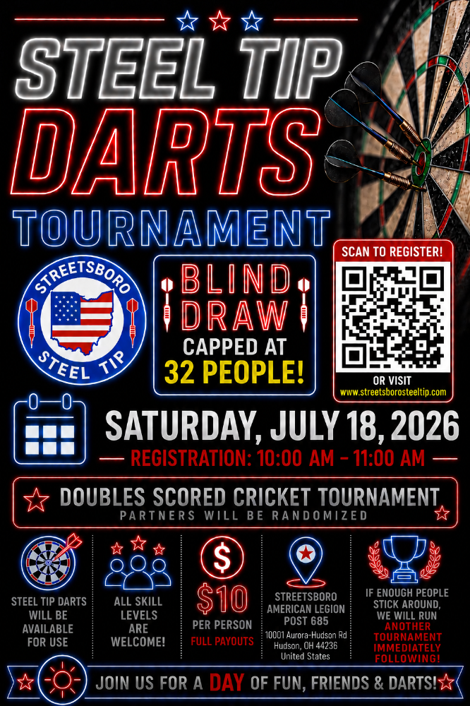 Steel Tip Darts Blind Draw Tournament — June 5th, 2026 at American Legion Post 685