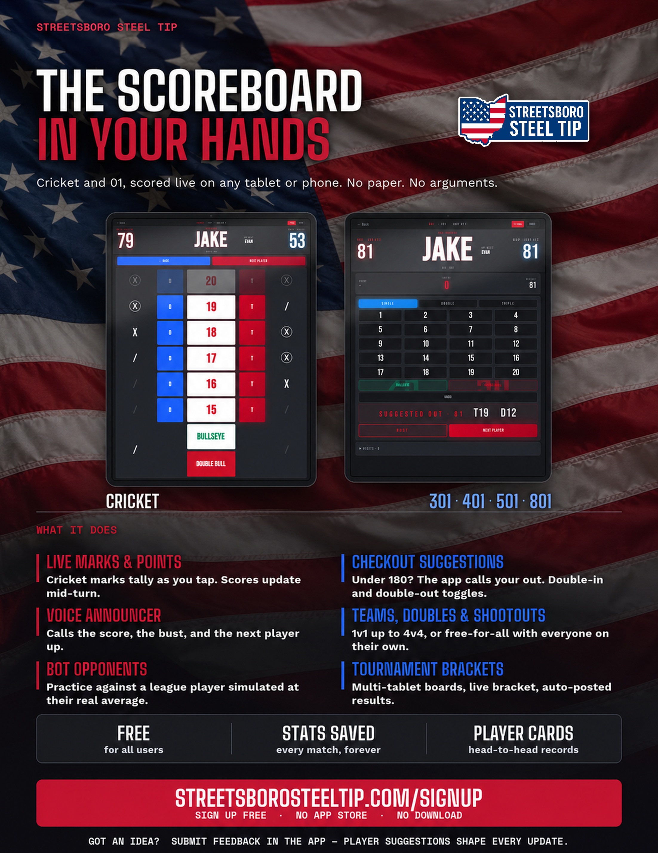 Streetsboro Steel Tip scoring app flyer — two tablets showing a Cricket match and an X01 match against an American flag background