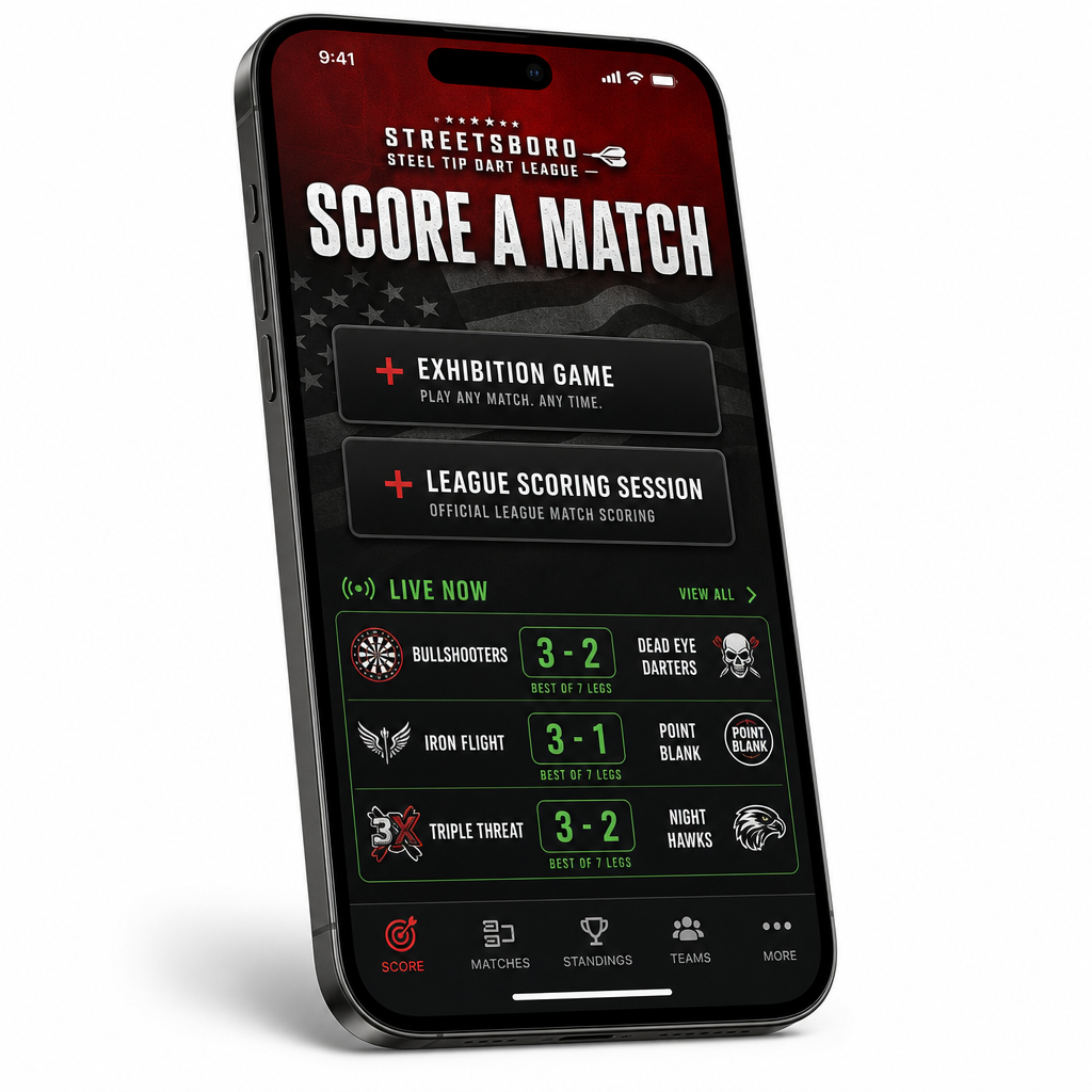 Streetsboro Steel Tip Score A Match app shown on a phone
